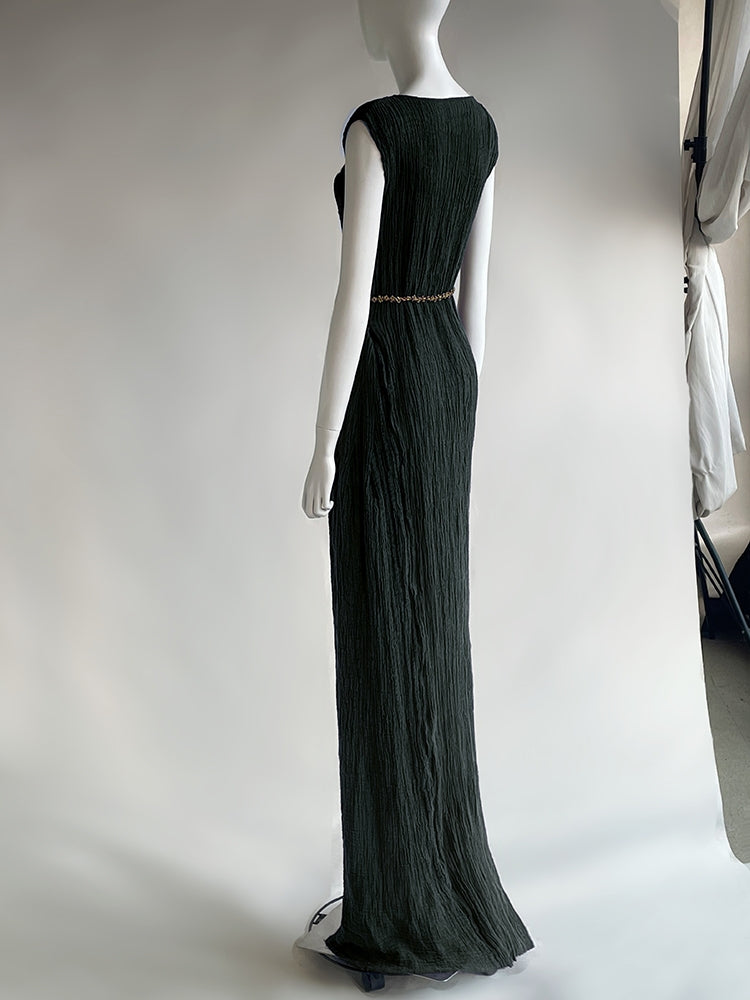 The Painter's Muse: A Sculpted Linen Mermaid Dress in Earthy Bark & Deep Emerald