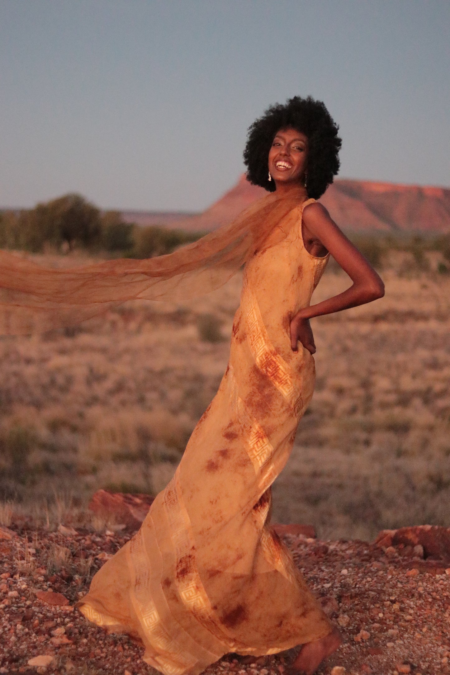 Red Dune Double Layer 100%Mulberry Silk Dress with Desert Vibes