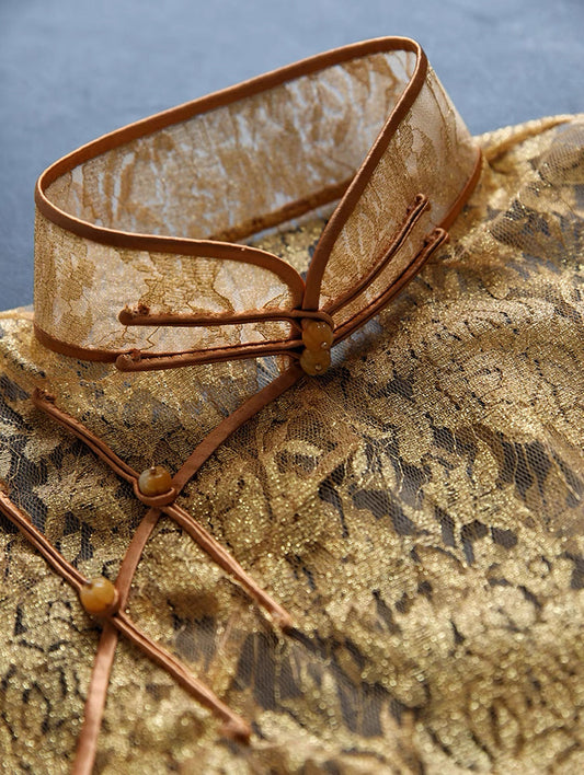 Red Dune Traditional Hand-Sewn Qipao – Rose Gold French Lace Fully Hand-Stitched Dress