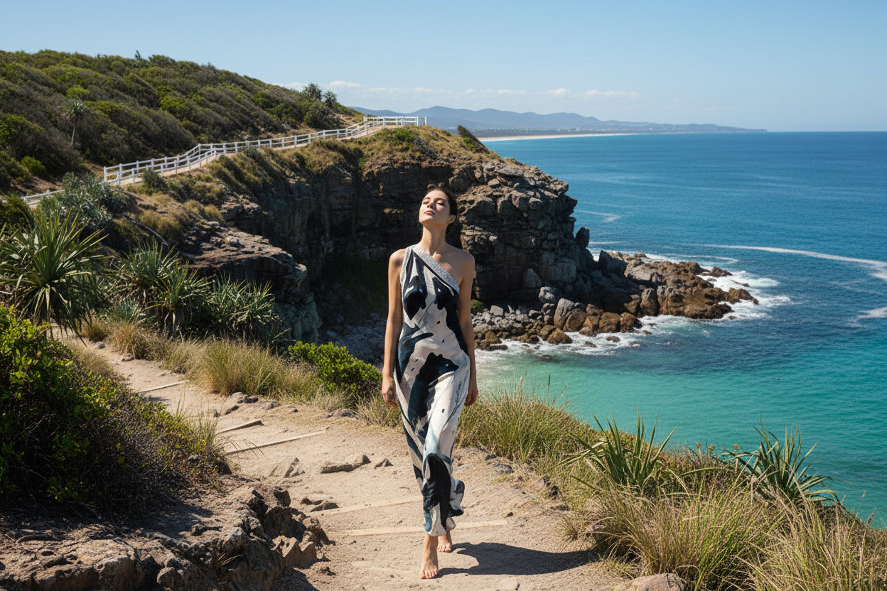 Red Dune Black Leopard in Repose Double-Layer Mulberry Silk Draped Maxi Dress