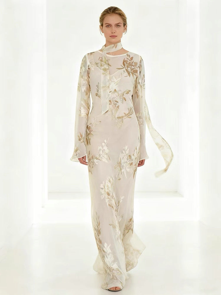 Red Dune Blush Nude Double-Layer Mulberry Silk Long Sleeve Maxi Dress