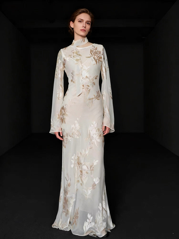 Red Dune Blush Nude Double-Layer Mulberry Silk Long Sleeve Maxi Dress