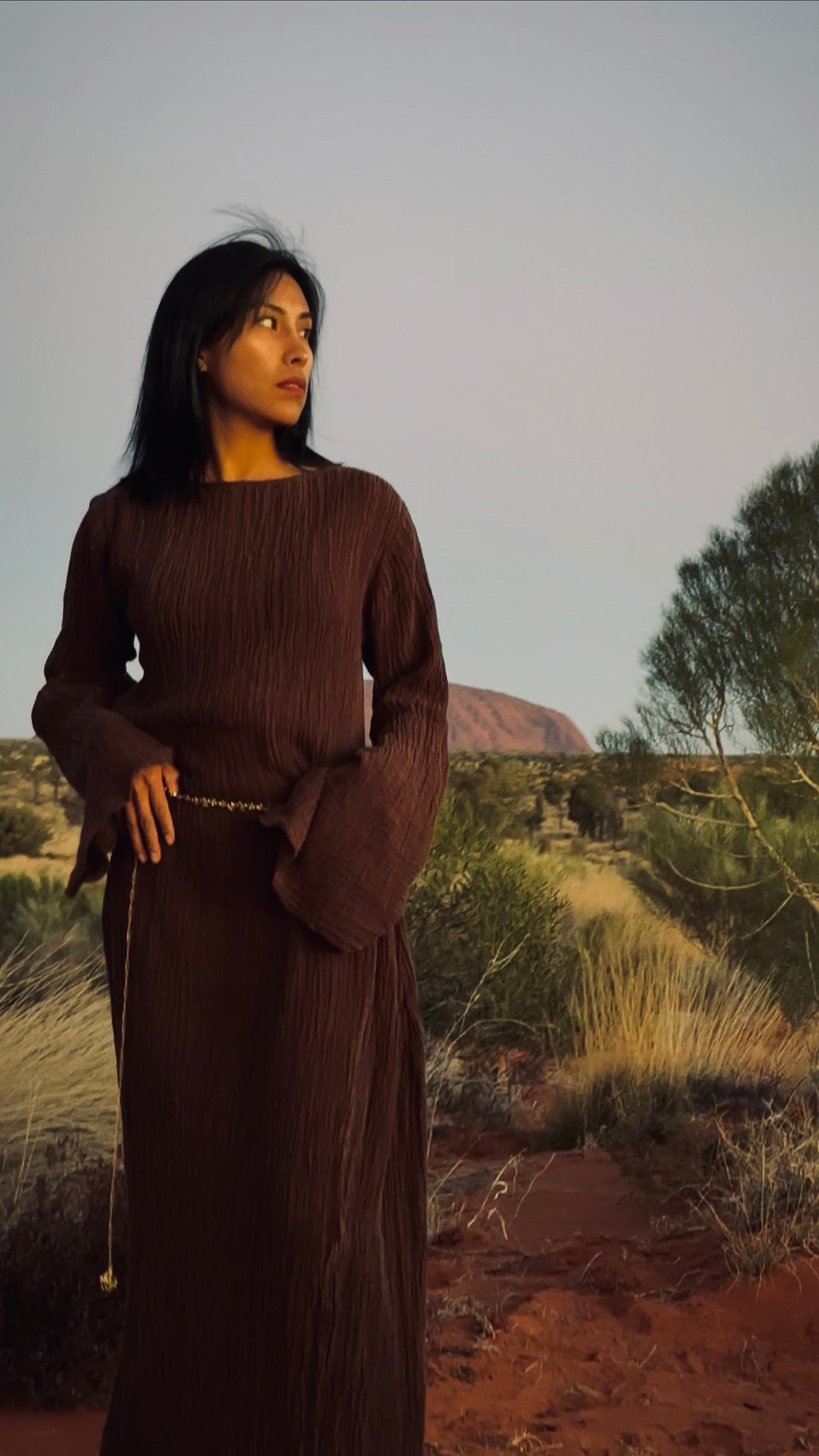 The Painter's Muse: A Sculpted Linen Mermaid Dress in  Earthy Bark & Deep Emerald