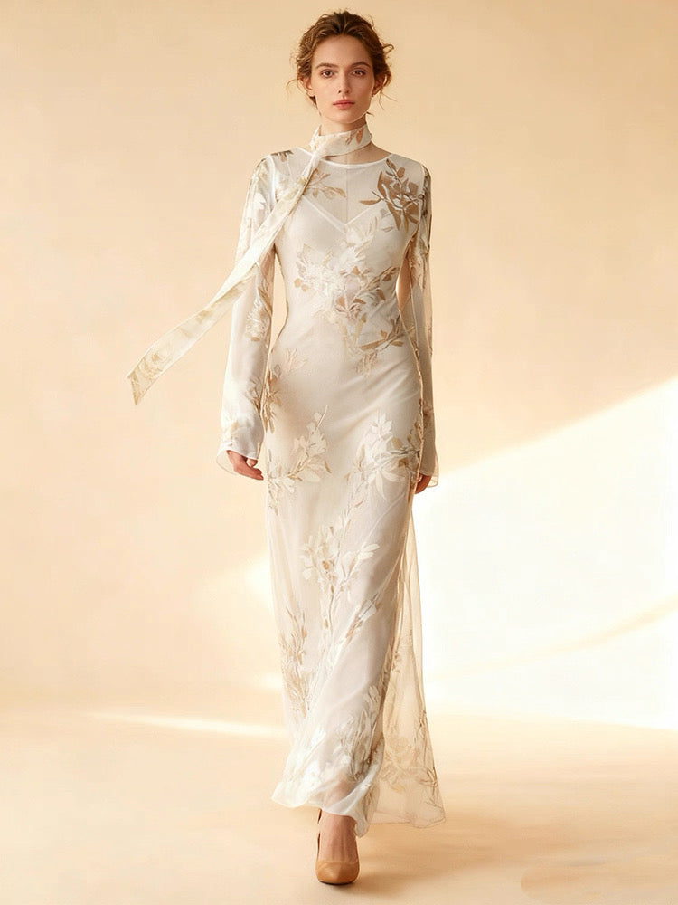 Red Dune Blush Nude Double-Layer Mulberry Silk Long Sleeve Maxi Dress