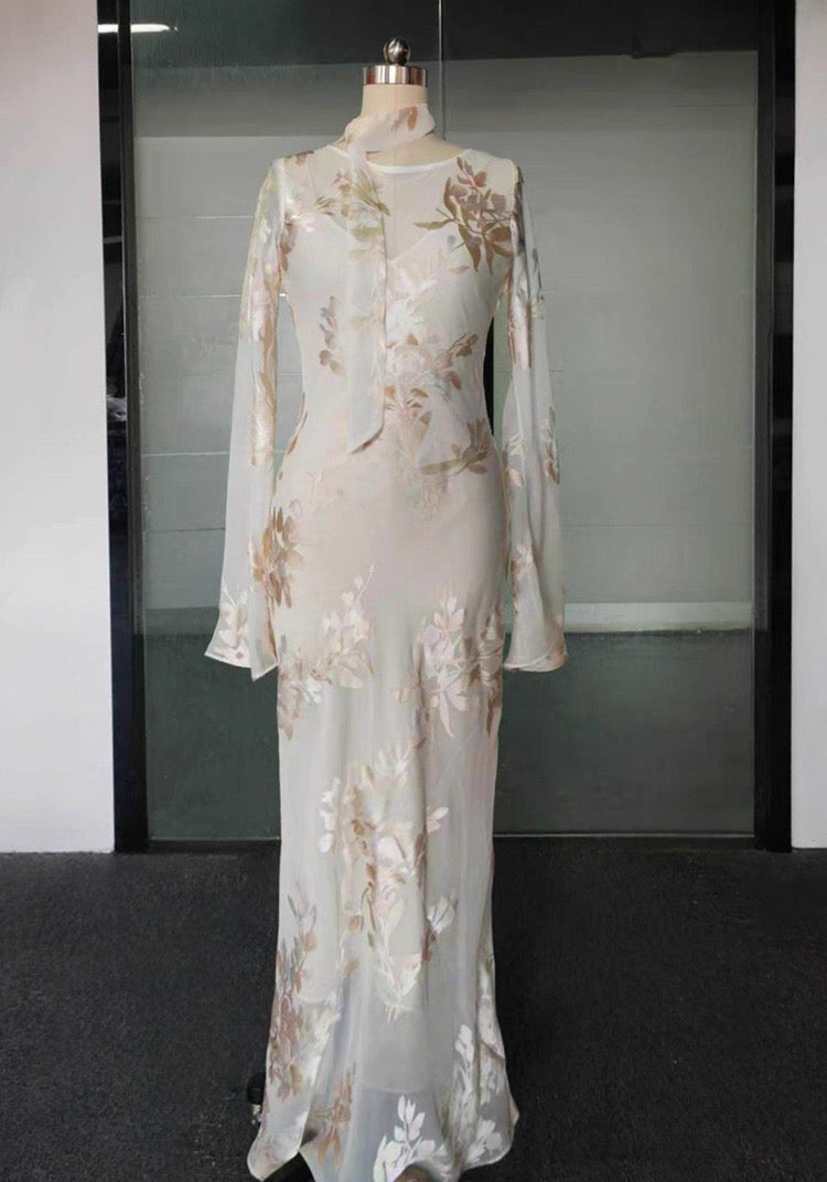 Red Dune Blush Nude Double-Layer Mulberry Silk Long Sleeve Maxi Dress