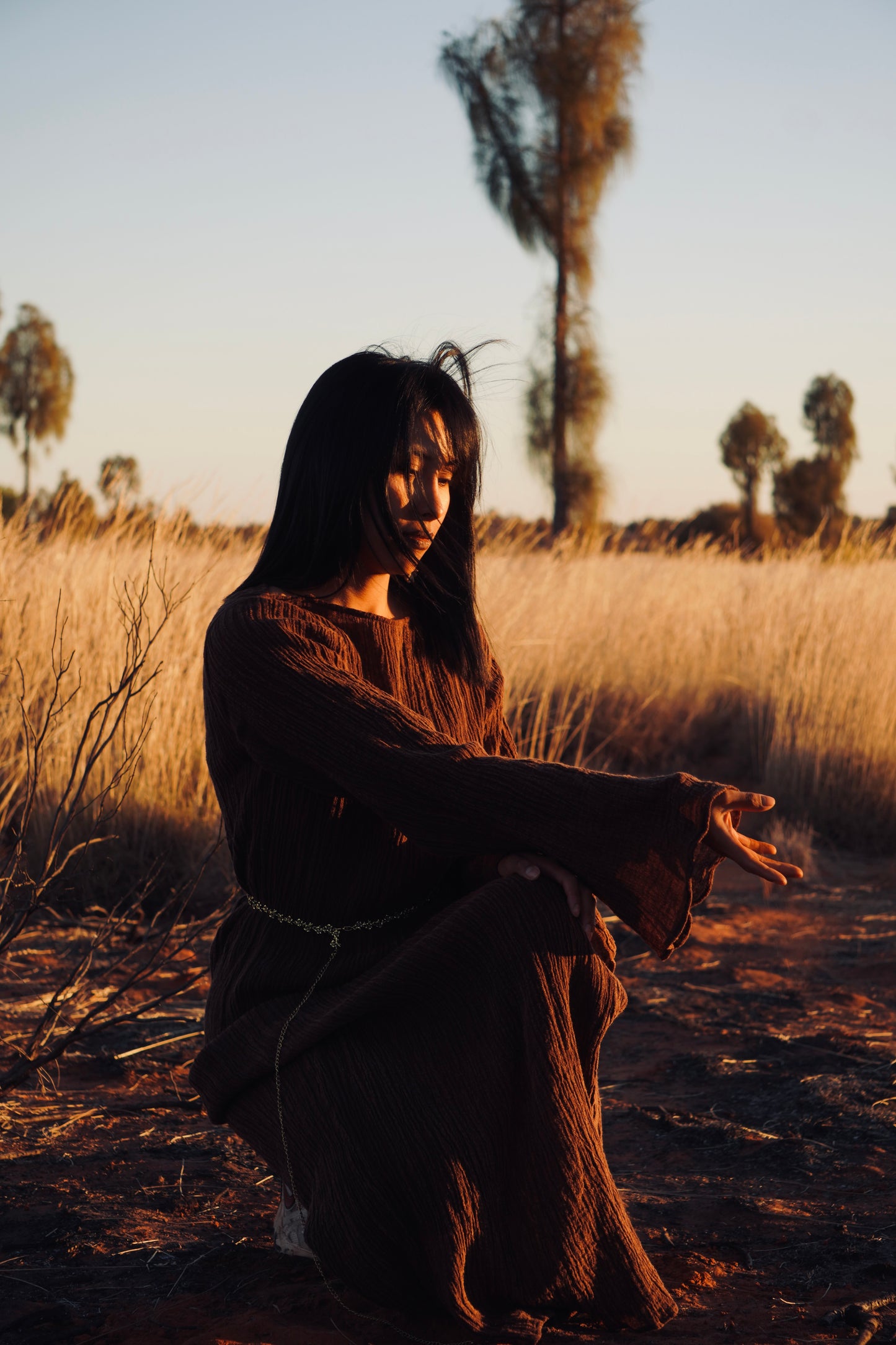 The Painter's Muse: A Sculpted Linen Mermaid Dress in  Earthy Bark & Deep Emerald