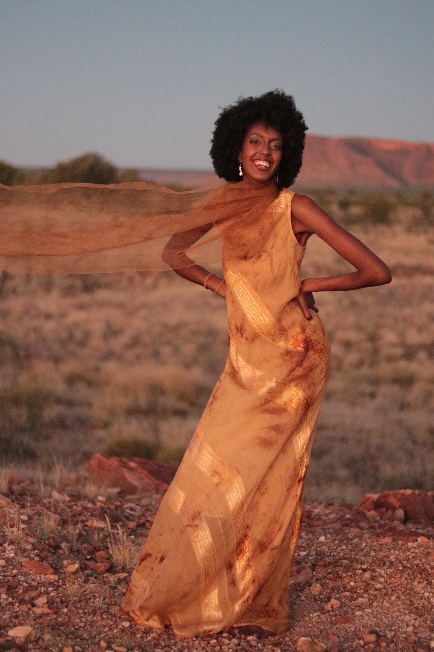 Red Dune Double Layer 100%Mulberry Silk Dress with Desert Vibes