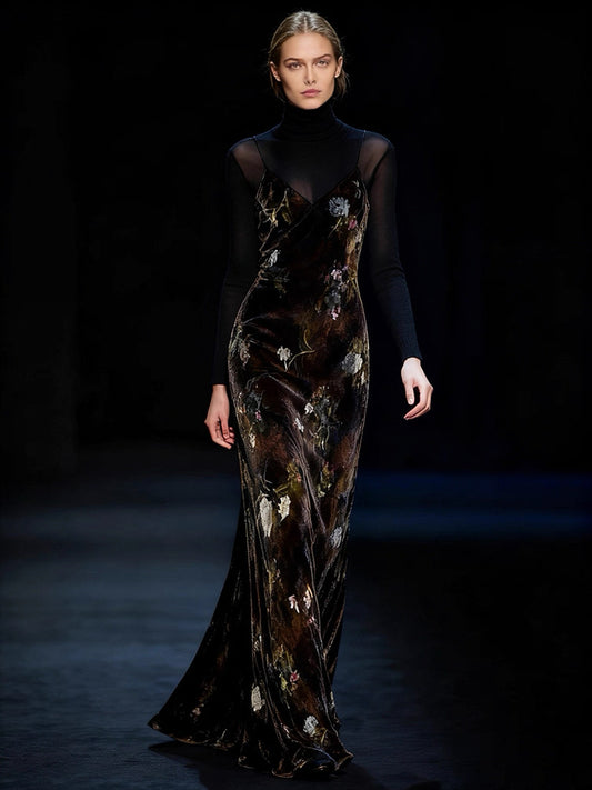 Red Dune Baroque-Inspired Classical Oil-Painting Silk Velvet Slip Maxi Dress