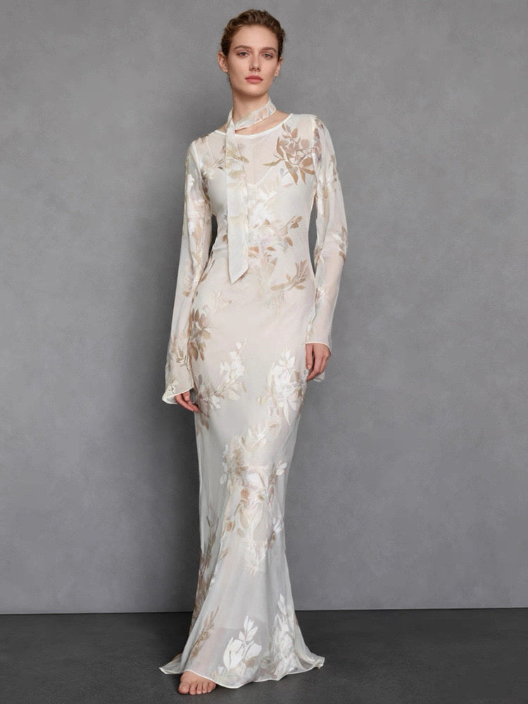 Red Dune Blush Nude Double-Layer Mulberry Silk Long Sleeve Maxi Dress