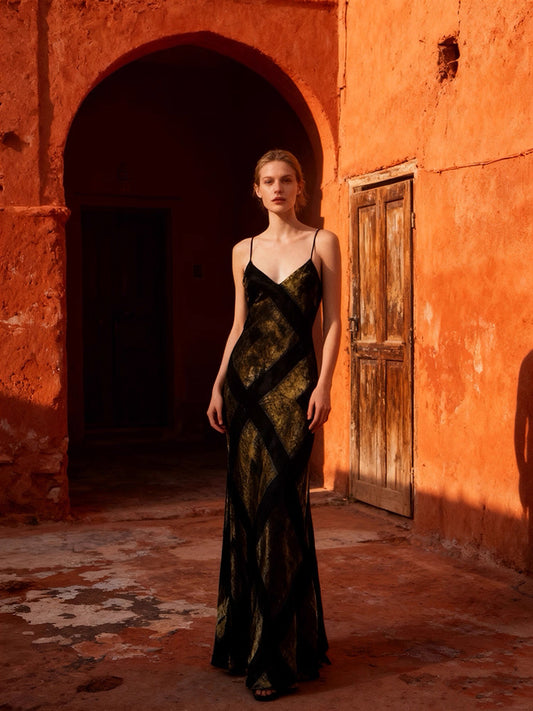 Red Dune Antique Gold Silk Velvet Maxi Dress – Luxury Slip Evening Gown