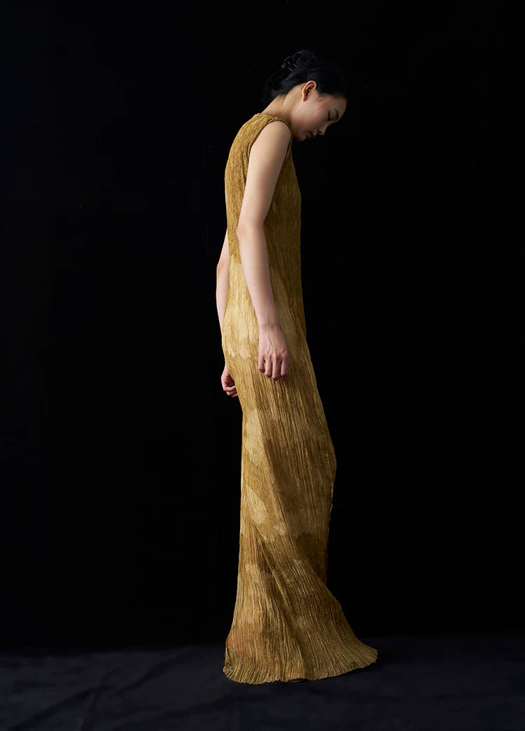 Summer New Arrival – Colour - Washed in Gobi StyleTie-Dye Mulberry Silk Sleeveless Maxi Dress with Oil-Painting Effect