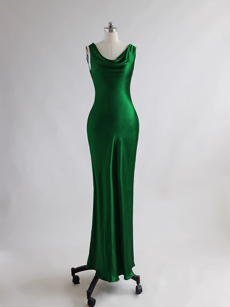 Red Dune Emerald Silk Cowl-Neck Long Dress