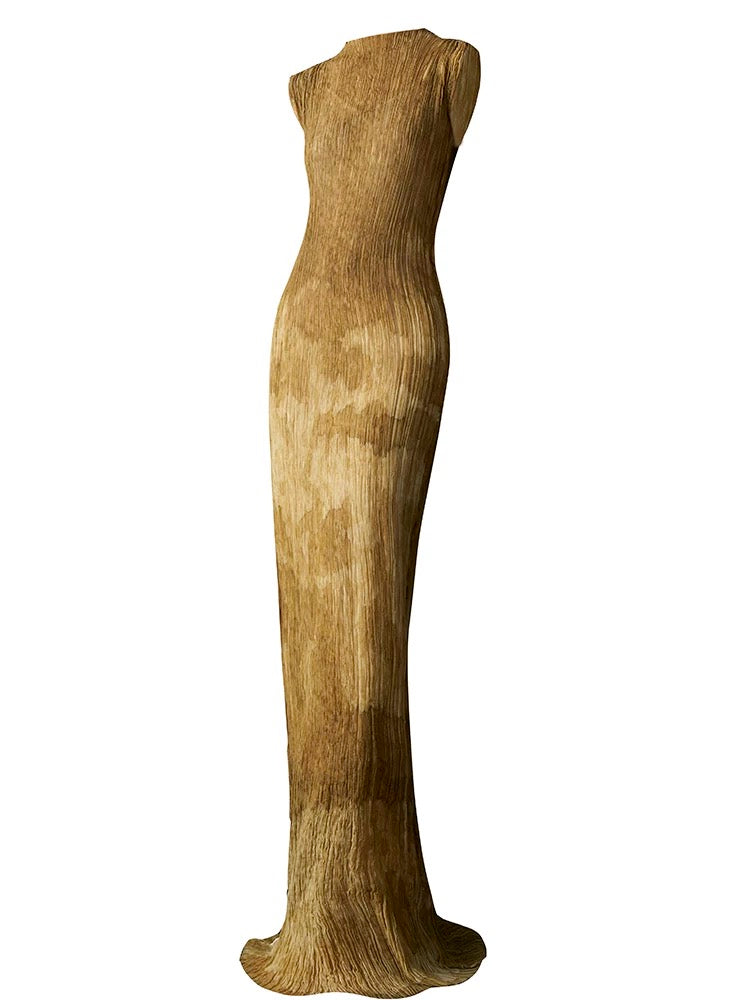 Summer New Arrival – Colour - Washed in Gobi StyleTie-Dye Mulberry Silk Sleeveless Maxi Dress with Oil-Painting Effect