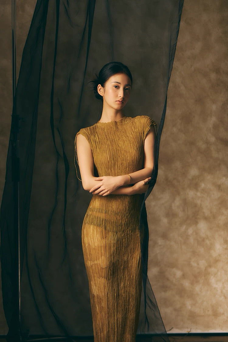 Summer New Arrival – Colour - Washed in Gobi StyleTie-Dye Mulberry Silk Sleeveless Maxi Dress with Oil-Painting Effect