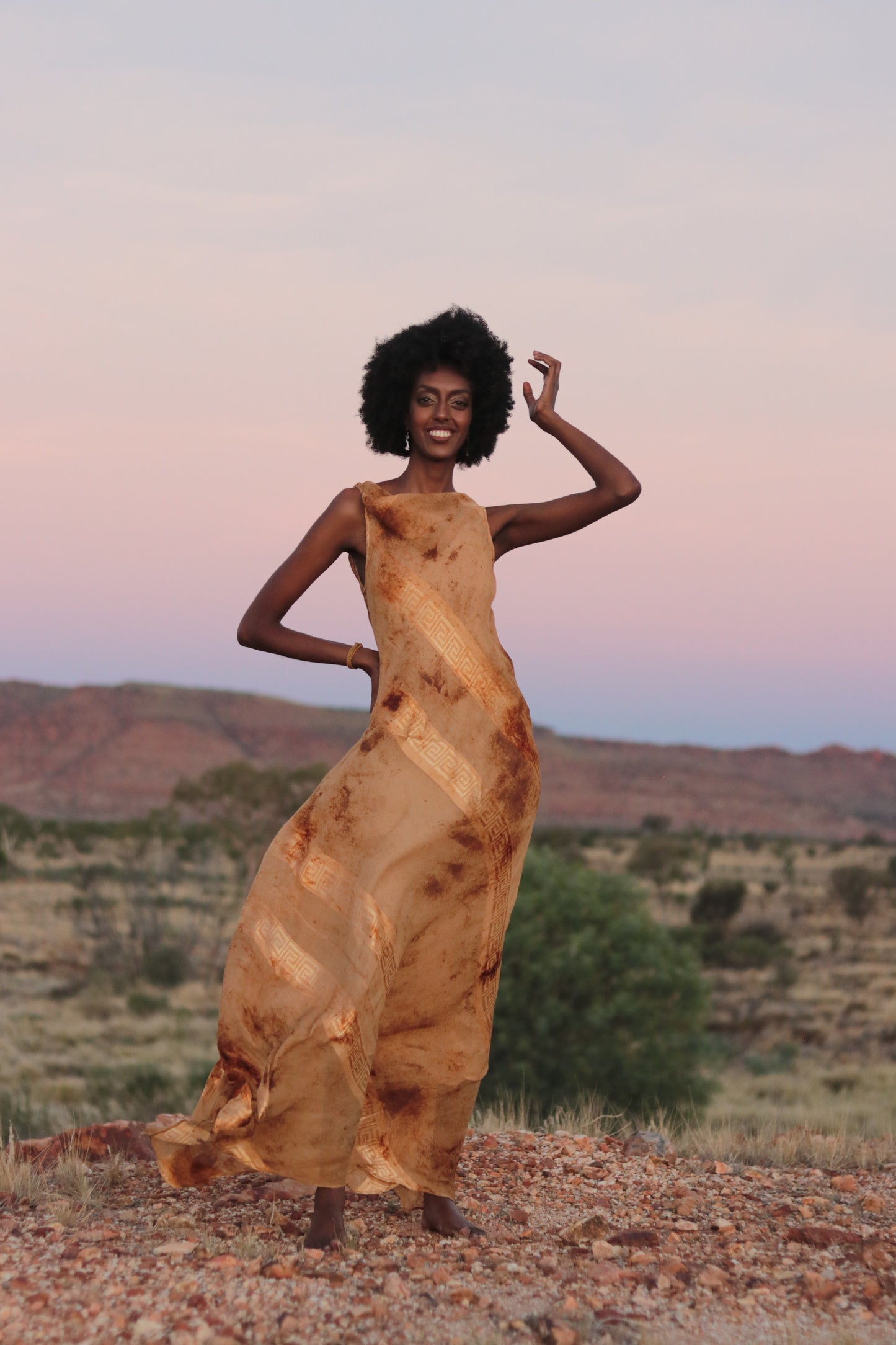 Red Dune Double Layer 100%Mulberry Silk Dress with Desert Vibes
