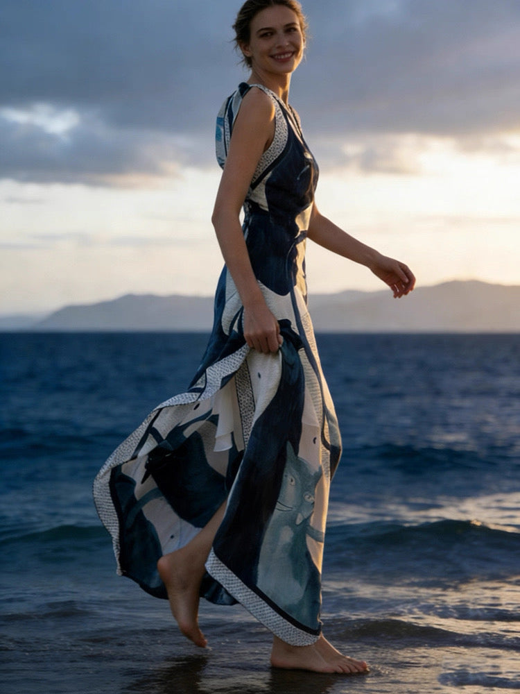 Red Dune Black Leopard in Repose Double-Layer Mulberry Silk Draped Maxi Dress