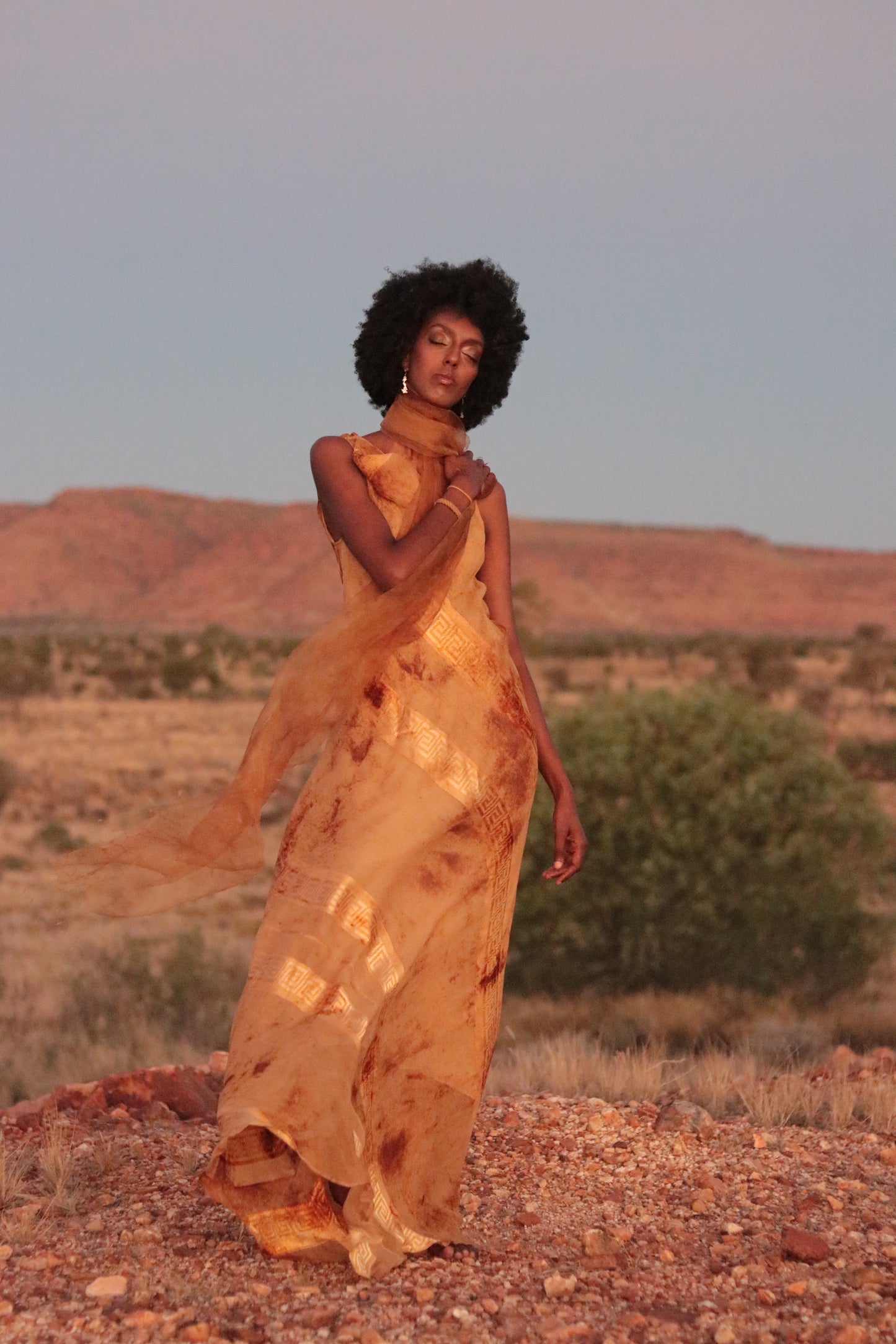 Red Dune Double Layer 100%Mulberry Silk Dress with Desert Vibes