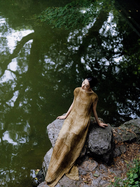 Colour - Washed in Gobi StyleTie-Dye Oil-Painting Texture Cotton Sleeveless Maxi Dress