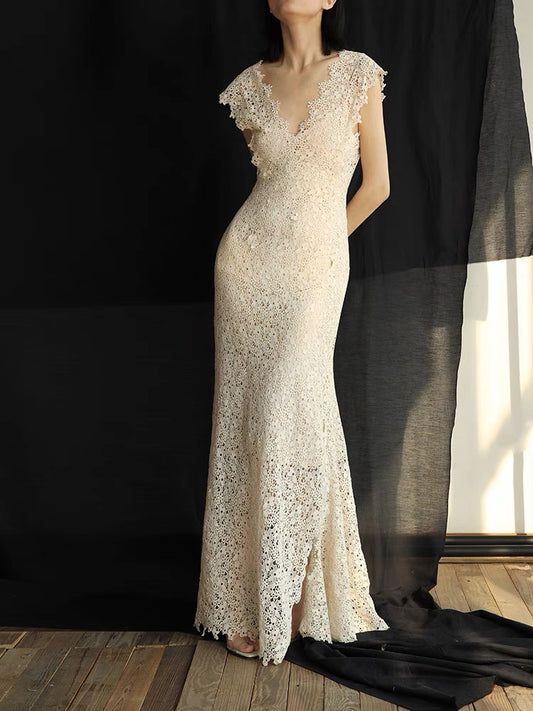 Red Dune Designer Hand-Stitched Light Classical Hydrangea Lace Bridal Gown