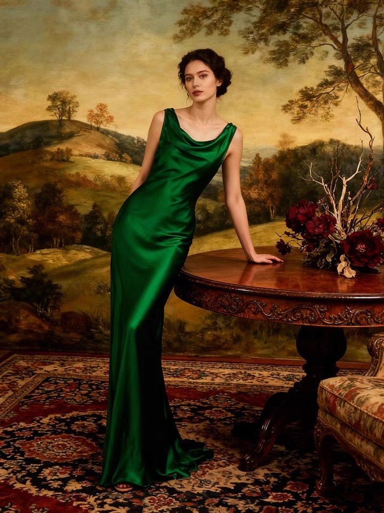 Red Dune Emerald Silk Cowl-Neck Long Dress