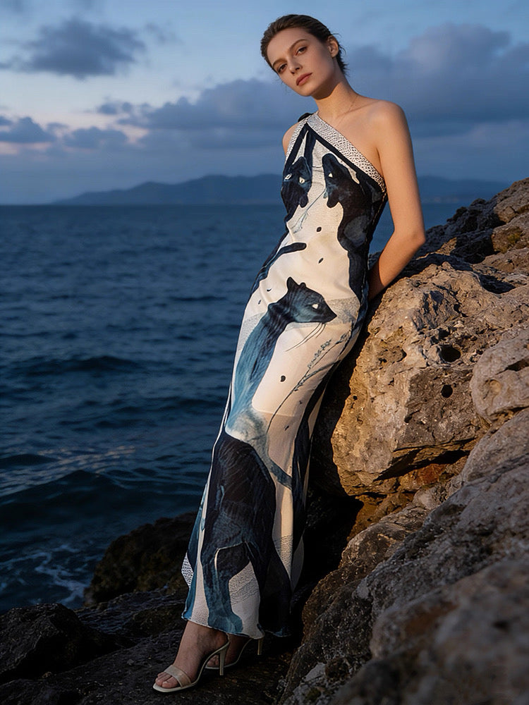 Red Dune Black Leopard in Repose Double-Layer Mulberry Silk Draped Maxi Dress