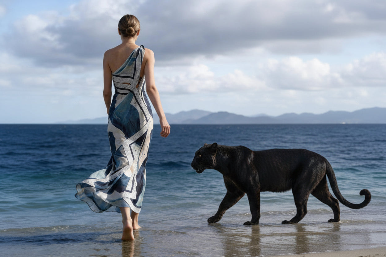 Red Dune Black Leopard in Repose Double-Layer Mulberry Silk Draped Maxi Dress