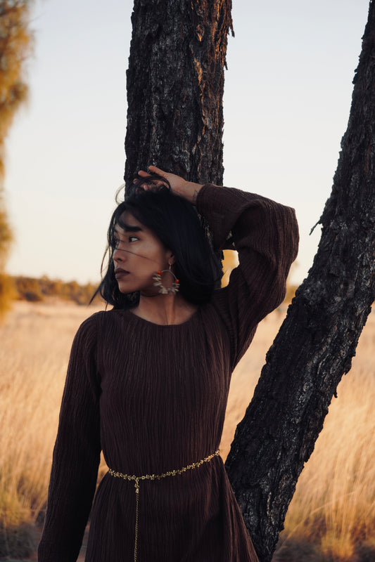 The Painter's Muse: A Sculpted Linen Mermaid Dress in  Earthy Bark & Deep Emerald