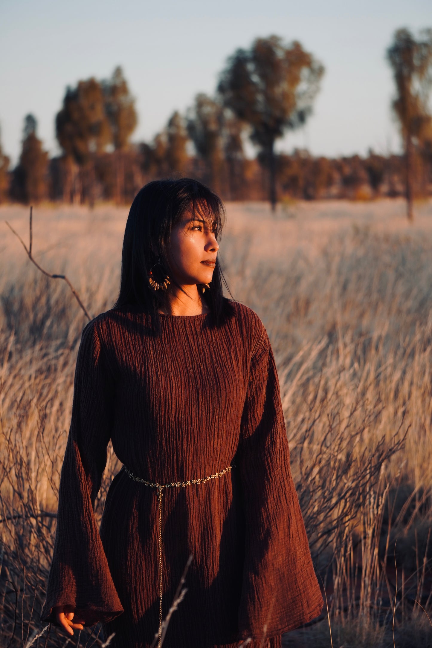 The Painter's Muse: A Sculpted Linen Mermaid Dress in  Earthy Bark & Deep Emerald