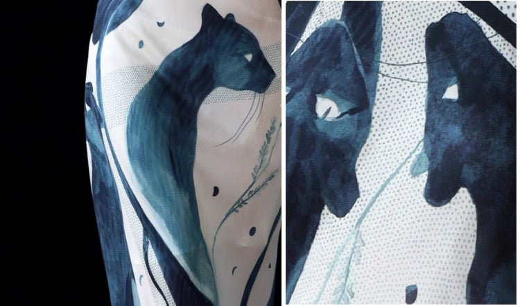 Red Dune Black Leopard in Repose Double-Layer Mulberry Silk Draped Maxi Dress