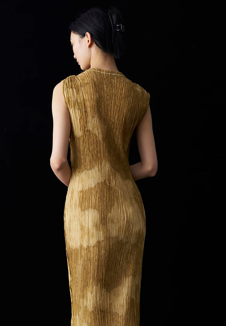 Summer New Arrival – Colour - Washed in Gobi StyleTie-Dye Mulberry Silk Sleeveless Maxi Dress with Oil-Painting Effect