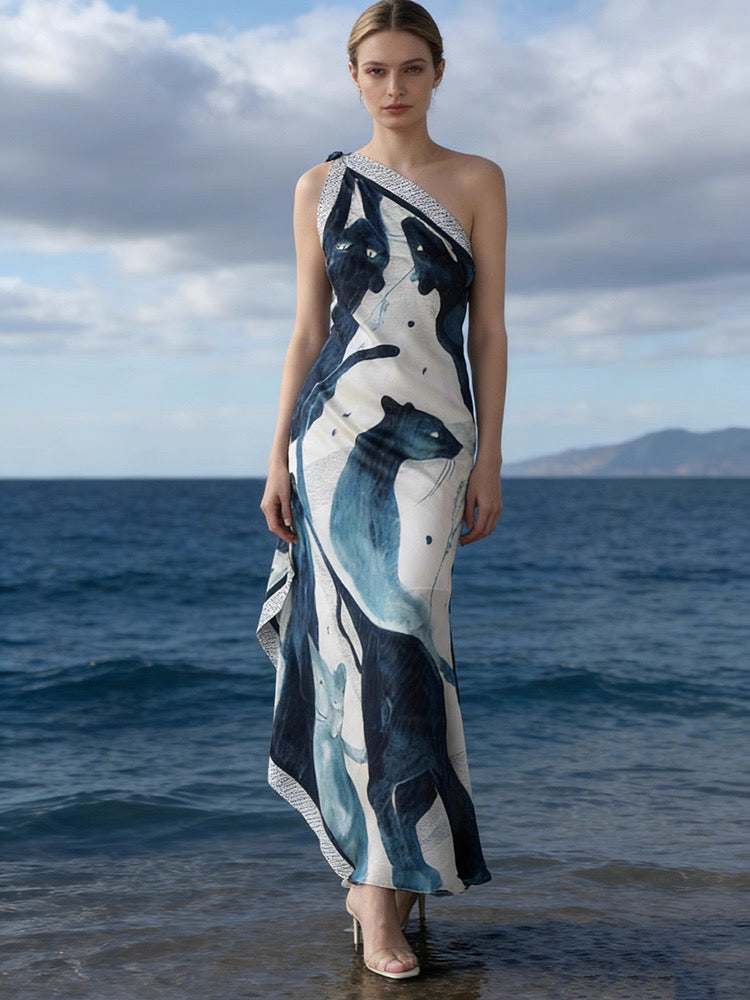 Red Dune Black Leopard in Repose Double-Layer Mulberry Silk Draped Maxi Dress