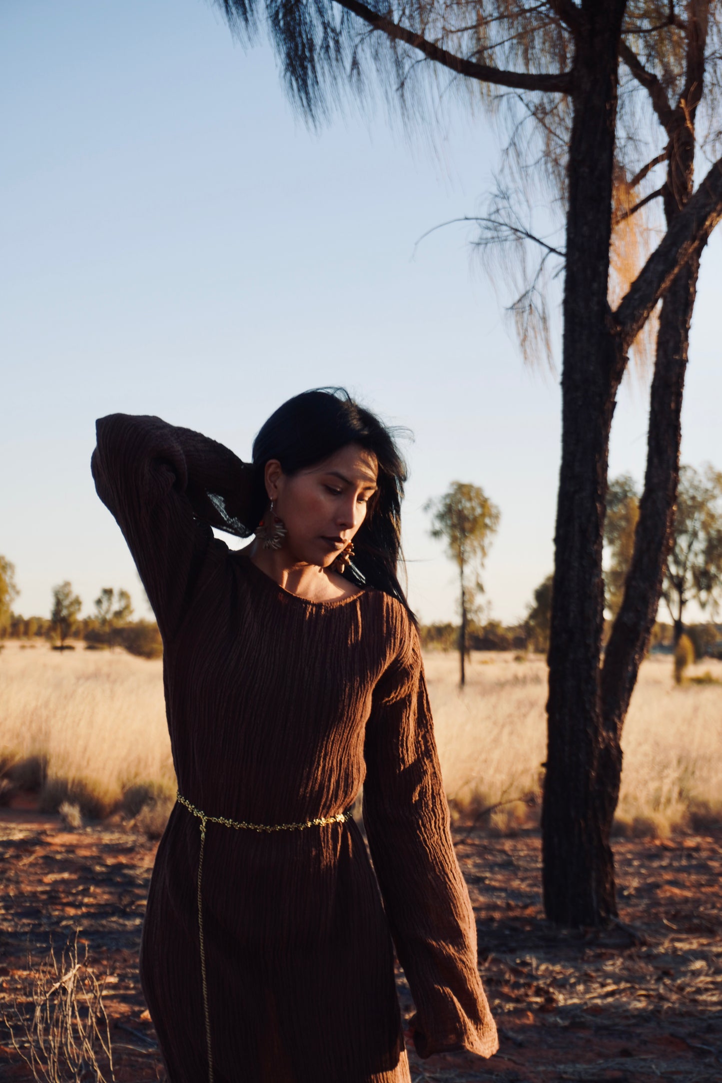 The Painter's Muse: A Sculpted Linen Mermaid Dress in  Earthy Bark & Deep Emerald