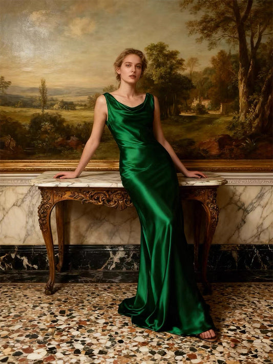 Red Dune Emerald Silk Cowl-Neck Long Dress