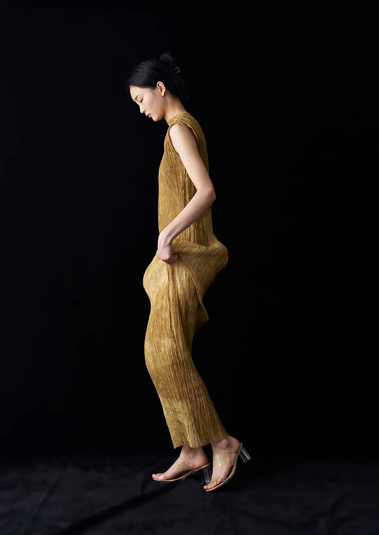 Summer New Arrival – Colour - Washed in Gobi StyleTie-Dye Mulberry Silk Sleeveless Maxi Dress with Oil-Painting Effect