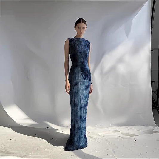 Red Dune Handcrafted Indigo-Dyed Mulberry Silk Sleeveless Maxi Dress – Machine Washable, Fiber Art