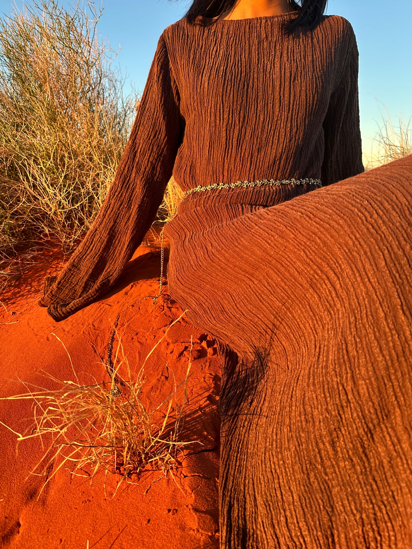 The Painter's Muse: A Sculpted Linen Mermaid Dress in  Earthy Bark & Deep Emerald