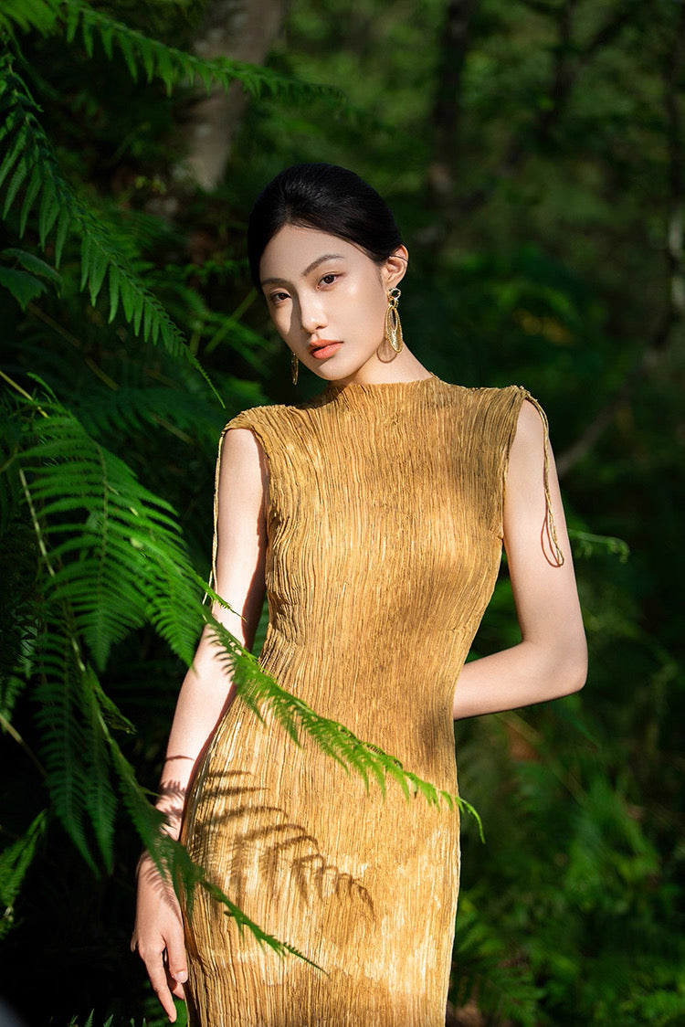 Summer New Arrival – Colour - Washed in Gobi StyleTie-Dye Mulberry Silk Sleeveless Maxi Dress with Oil-Painting Effect