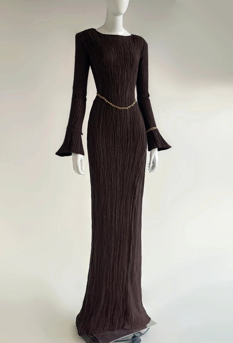 The Painter's Muse: A Sculpted Linen Mermaid Dress in  Earthy Bark & Deep Emerald
