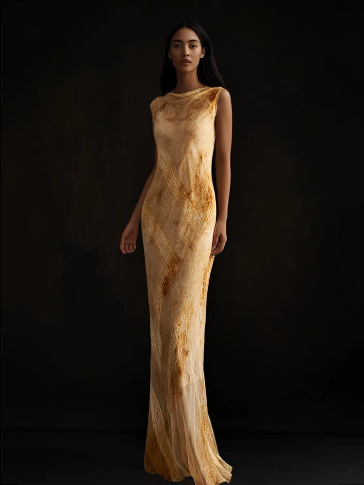 Red Dune Double Layer 100%Mulberry Silk Dress with Desert Vibes