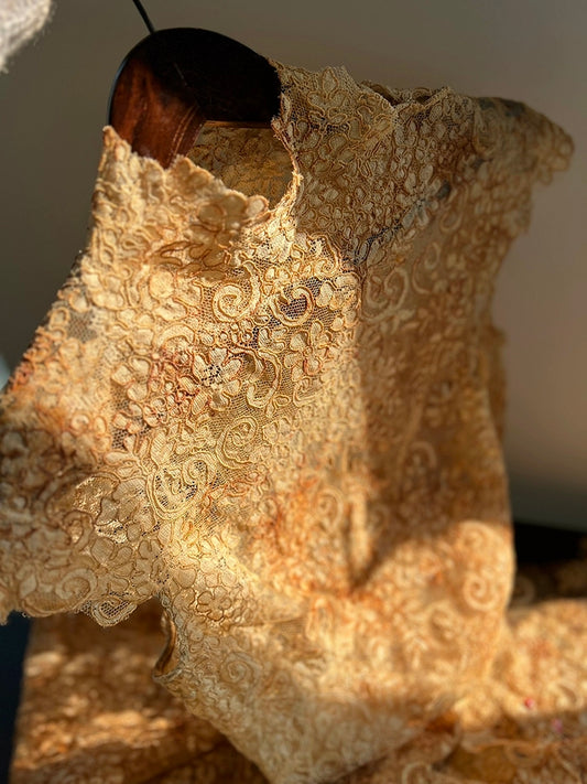 Red-dune  Vintage-inspired Handmade Embroidered Lace Modern Qipao Dress with Hand-Dyed Finish