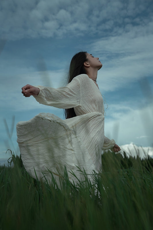 Belgian Linen Natural Undyed Long-Sleeve Maxi Dress