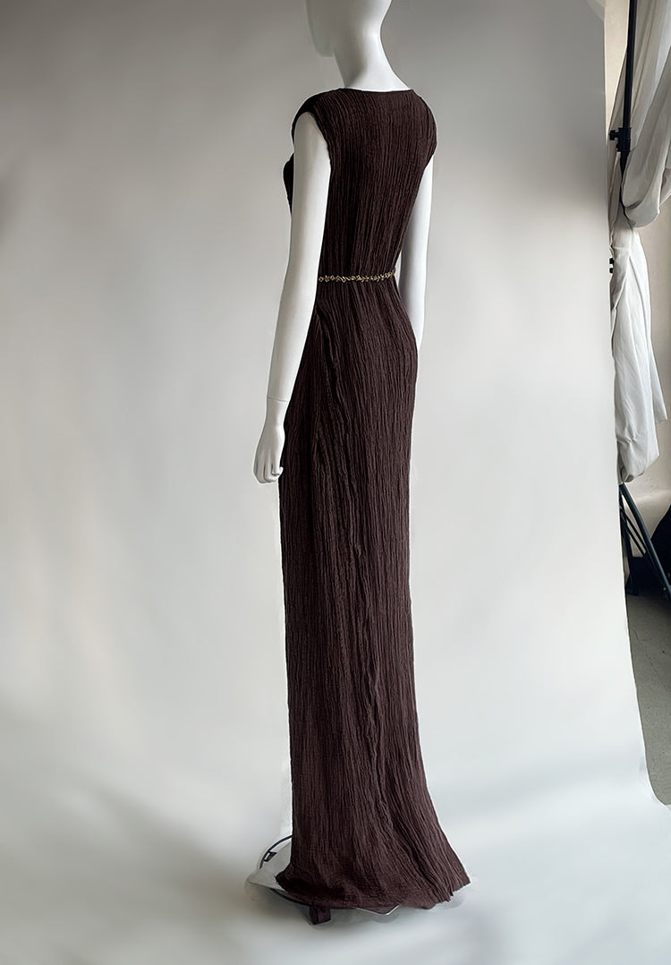 The Painter's Muse: A Sculpted Linen Mermaid Dress in  Earthy Bark & Deep Emerald