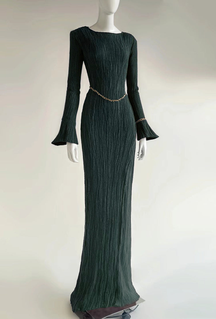 The Painter's Muse: A Sculpted Linen Mermaid Dress in  Earthy Bark & Deep Emerald