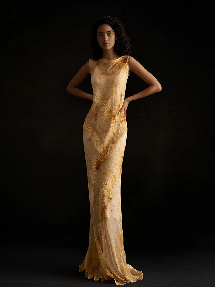 Red Dune Double Layer 100%Mulberry Silk Dress with Desert Vibes